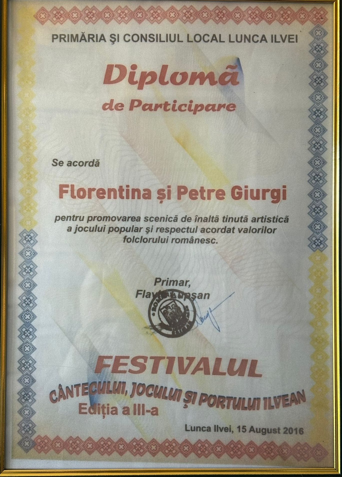 Diplomă Florentina și Petre Giurgi