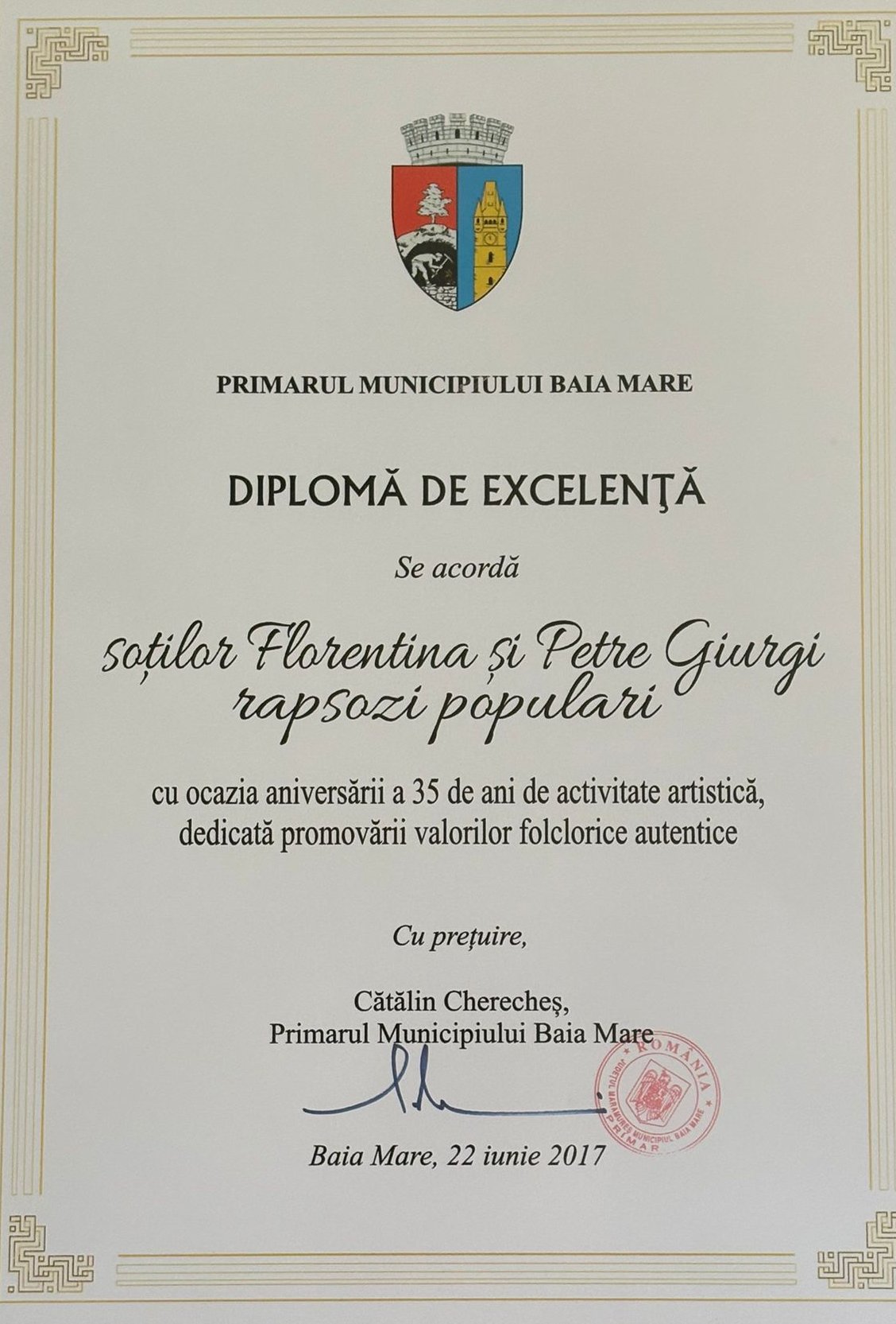 Diplomă Florentina și Petre Giurgi