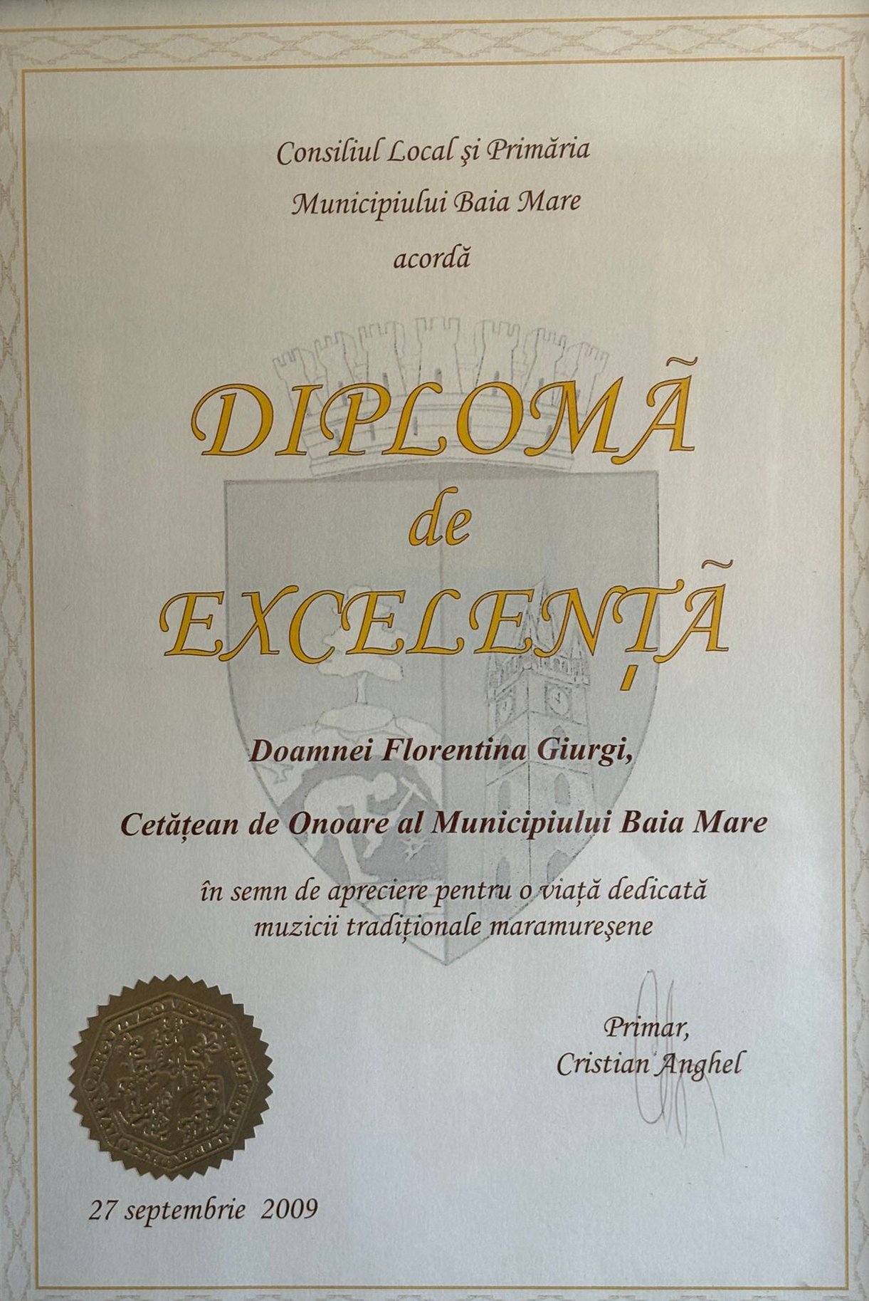 Diplomă Florentina și Petre Giurgi