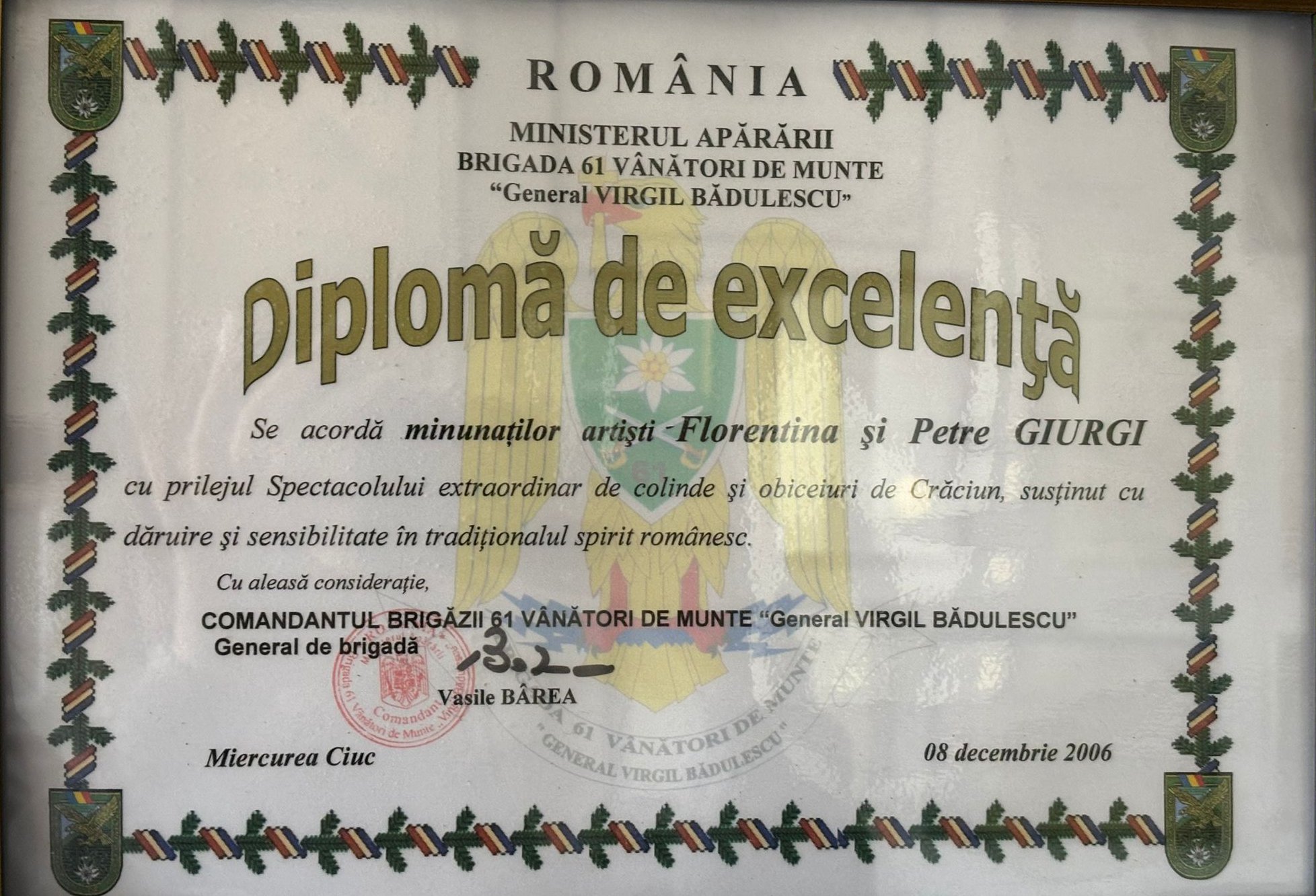 Diplomă Florentina și Petre Giurgi